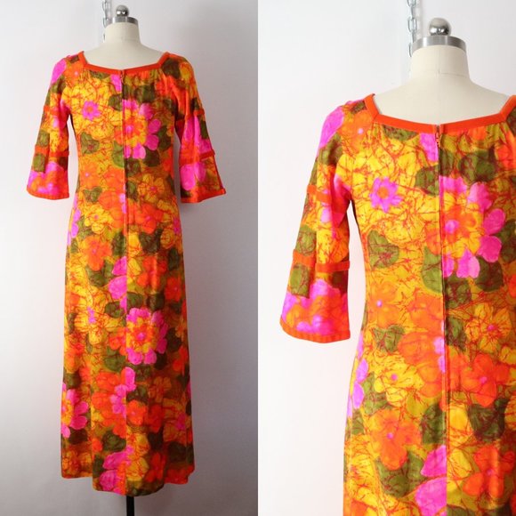 ❌SOLD❌vintage 60s 70s neon floral hawaiian dress - Picture 2 of 8